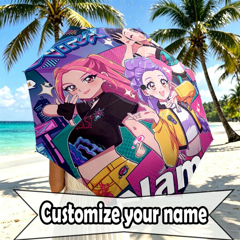 Custom Name Personalized Kpop Demon Hunter Print Umbrella, Auto Open Close, 8‑Rib Sturdy Frame, Commute Camping Hiking Use, Birthday Gift