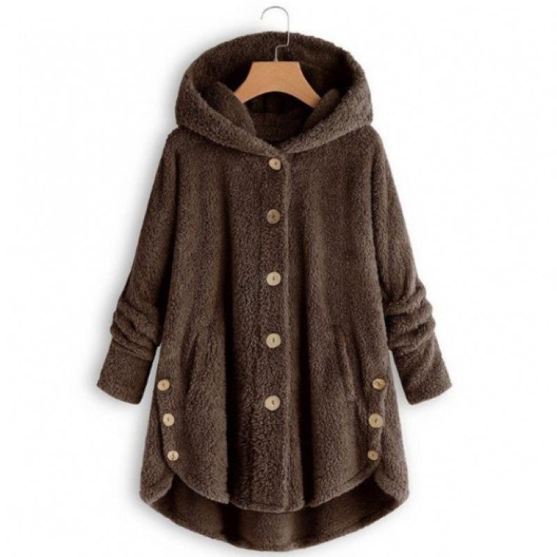 Autumn and Winter Fashion Women's Clothing European and American Style Button Plush Coat Irregular Plush Top Solid Color Coat