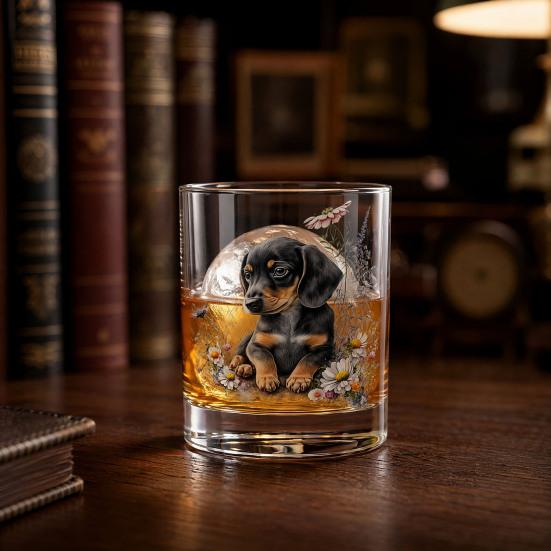 Whiskey Glass, Dachshund Glass Tumbler, Hand Painted Dog Floral Cup for Whiskey Coffee, Home Bar Gift for Dog Lovers