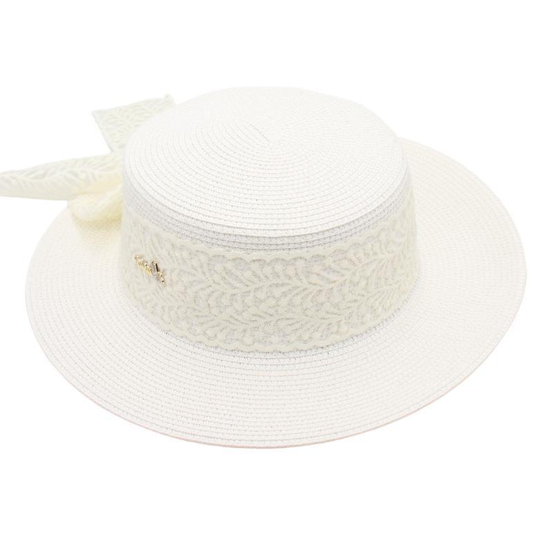 Temperament Straw Hat Female Bow Model Sun Protection Sun Hat Flat Top Hawaiian Lace Beach Hat Street Shot