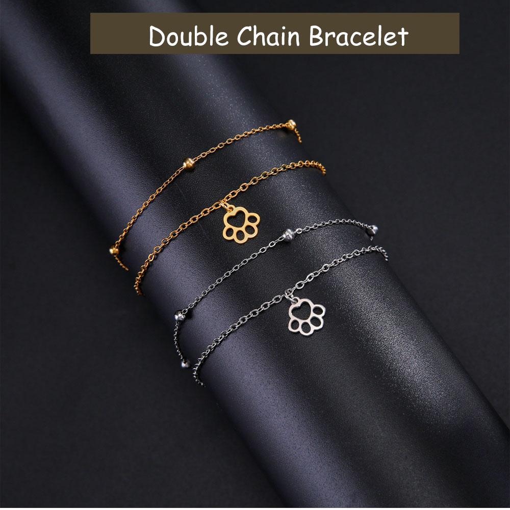 Cazador Stainless Steel Animal Dog Cat Paw Footprint Bracelets for Women Double Chain Bracelets Jewelry Wedding Birthday Gift