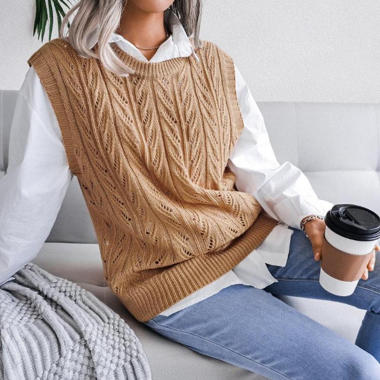 Women Crew Neck Sleeveless Knit Sweater Solid Color Tank Top Cutout Leaf Design Fall Winter Sizes S-L