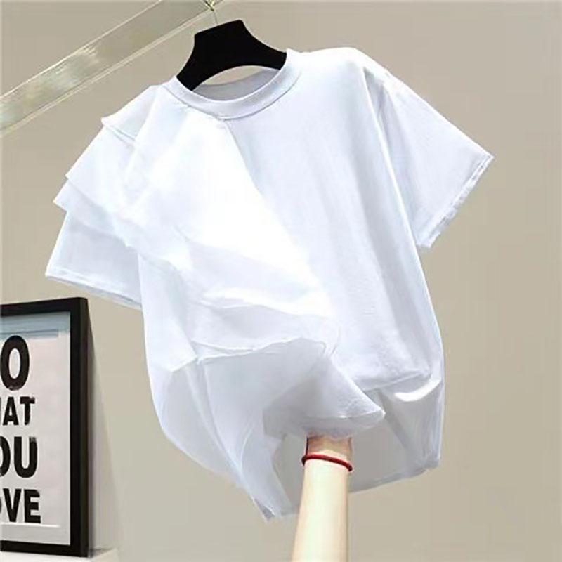 Summer Holiday O-neck Tops Women Ruffled Stitching Blouse Fashion Short Sleeve Tunics Casual Loose Solid Blusa Femme