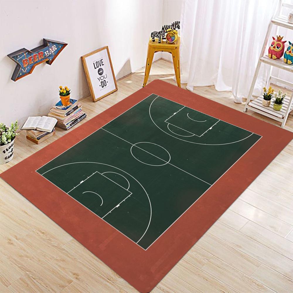 Basketball Court Pattern Carpet for Living Room and Bedroom Realistic Green and Red Sport Theme Floor Mat
