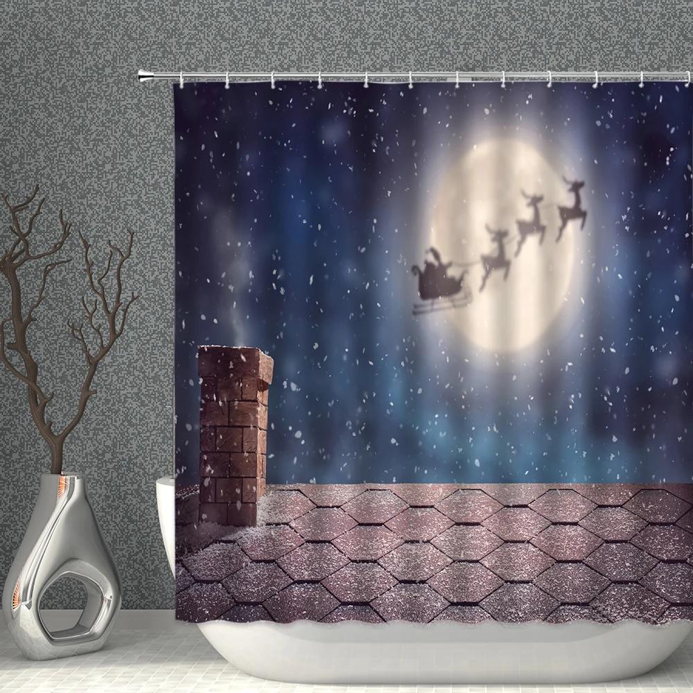 ChristmasTree Bells Shower Curtain Set Happy New Year Waterproof Polyester Cloth Curtains With Hooks Bathroom Home Decor