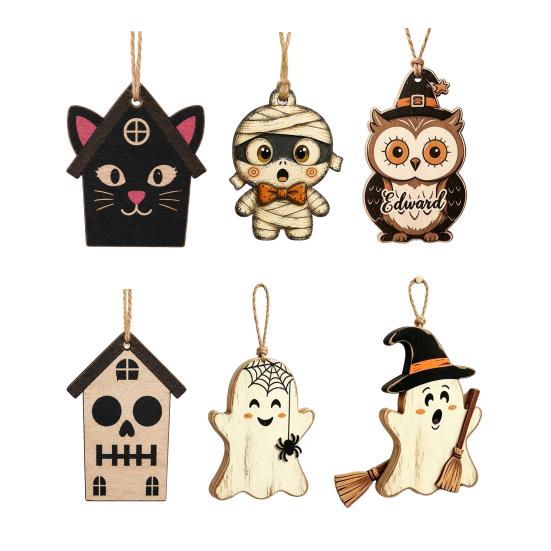 Festliche Hängeelemente für Schaufenster, Vintage Halloween Holzornamente, Rustikale Gruselige Geisterkürbis Eule Totenkopf Kleine Dekorationsanhänger, Partys