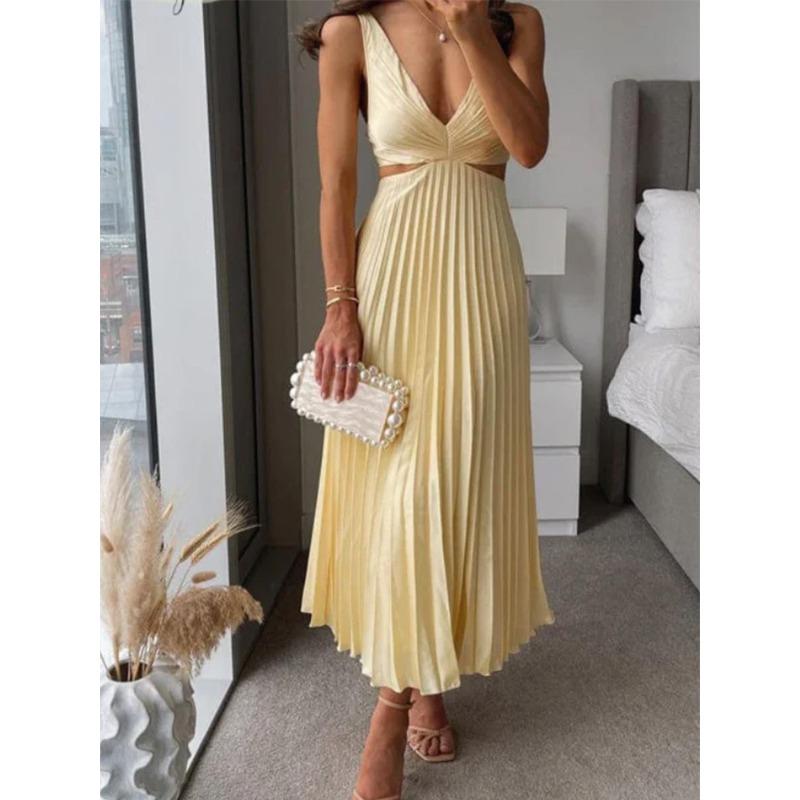 IHUASU Women s Fashion Summer Spring Solid Color Print Sleeveless V-Neck Casual Dresses S