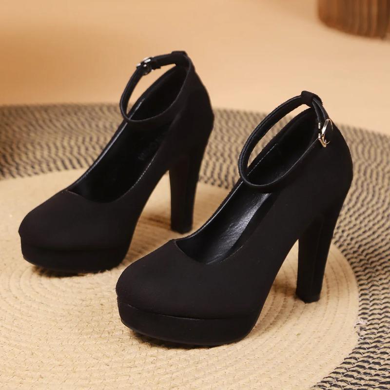 Soleist Große Größe 42 Sexy Super Hohe Absätze Schuhe für Damen Knöchelriemen Klobige Plateau Pumps Frau Schwarz Beflockt Quadratischer Absatz Party Schuhe