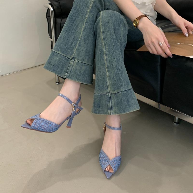 Fashion Summer Shoes Mesh Sandals Women with A Pointed and Stylish Style, Slim Heels, High Heels, and Shallow Mouth Sandals At The Back