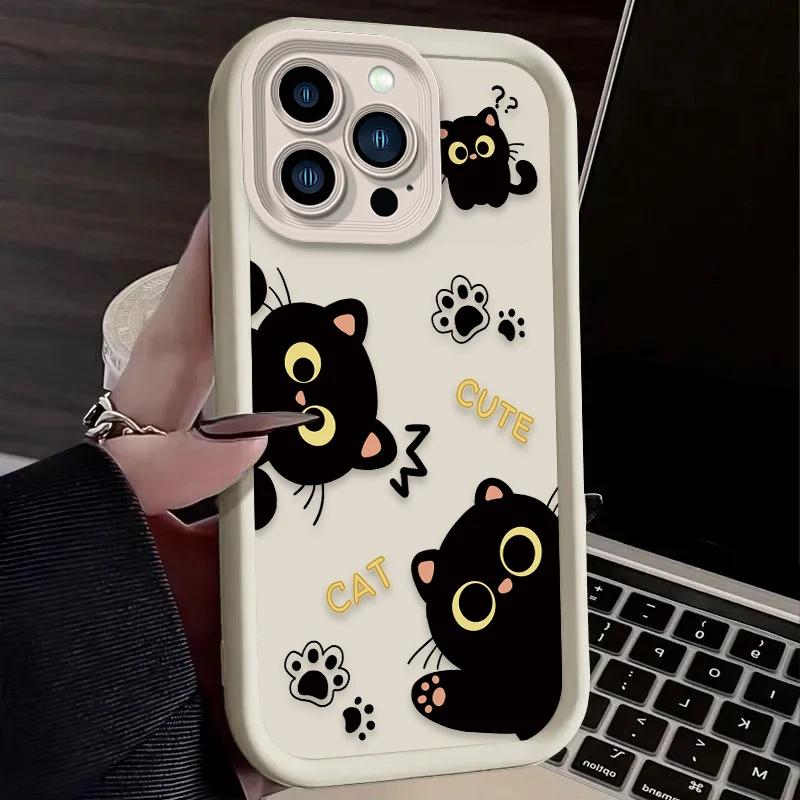 Lovely Black Cat love Heart Silicone Soft Phone Case For iPhone 16 15 14 13 12 11 Pro Max XS X XR 7 8 SE Shockproof