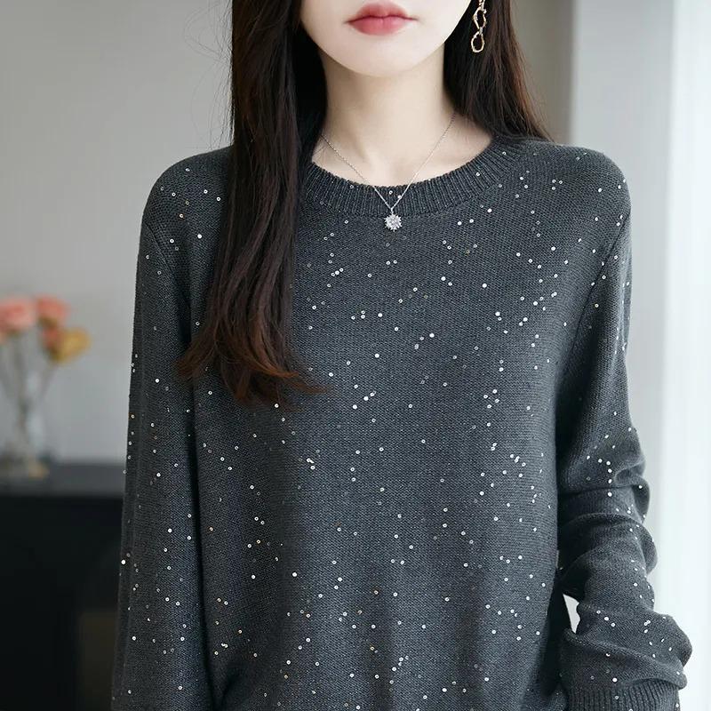 

Вязаный свитер в западном стиле, пуловер с круглым вырезом, осенне-зимний, свободный топ с пайетками L серый