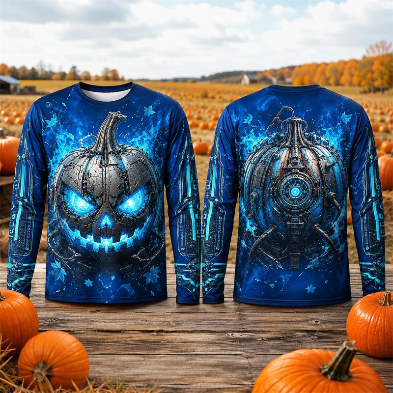 Halloween Long Sleeve T Shirt Men Mechanical Cyber Jack O Lantern Pumpkin 3D Print Flame Autumn Leaf Graphic Top Party Unisex