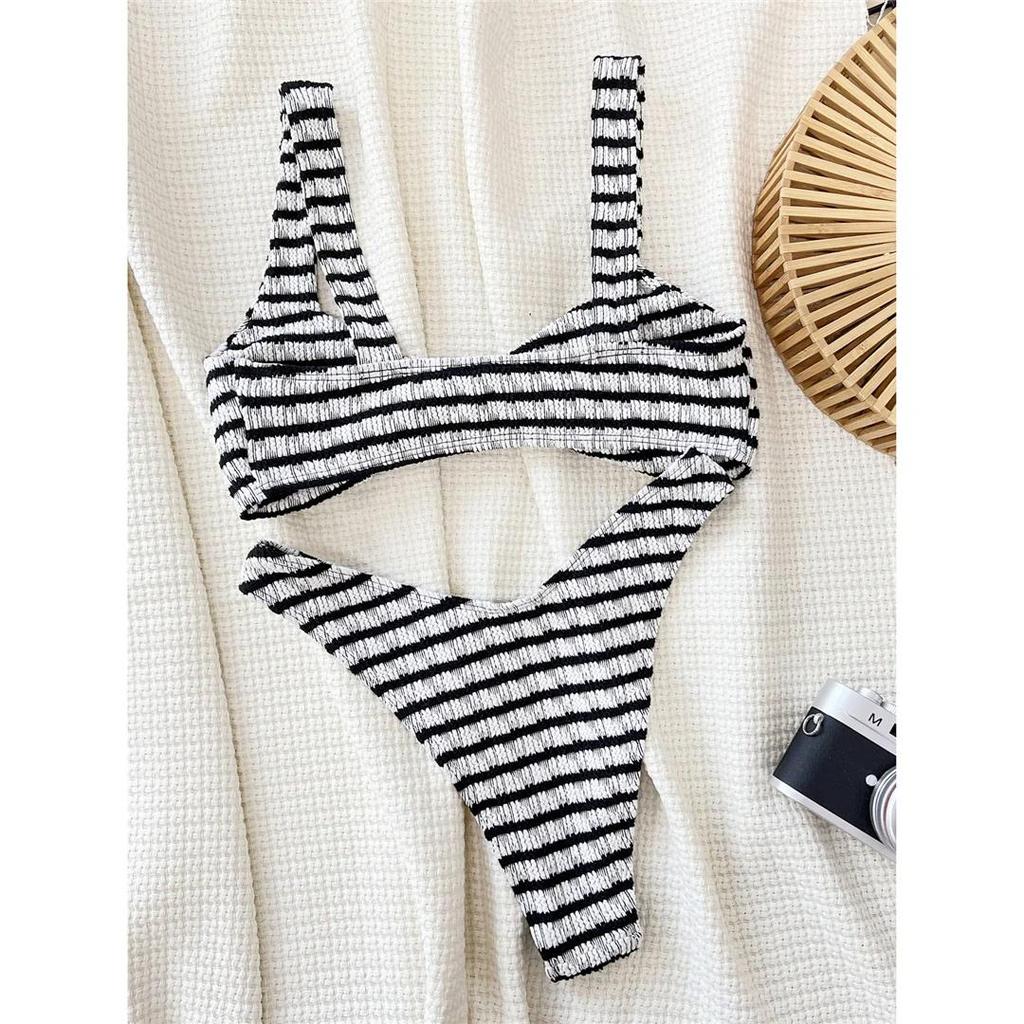 Gestreifter Knitter-Bikini mit hohem Beinausschnitt für Damen Bademode Damen Badeanzug Zweiteiliges Bikini-Set Badesachen Badeanzug Schwimmen