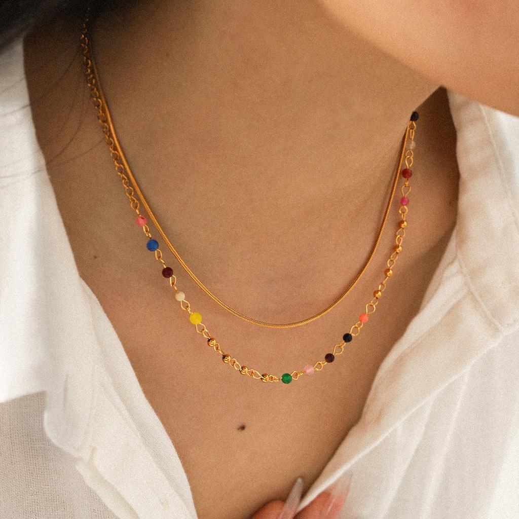 Double Layer Necklace Non-fading Neck Chain Titanium Steel Round Snake Chain Colorful Beaded Chain Bohemian Accessories