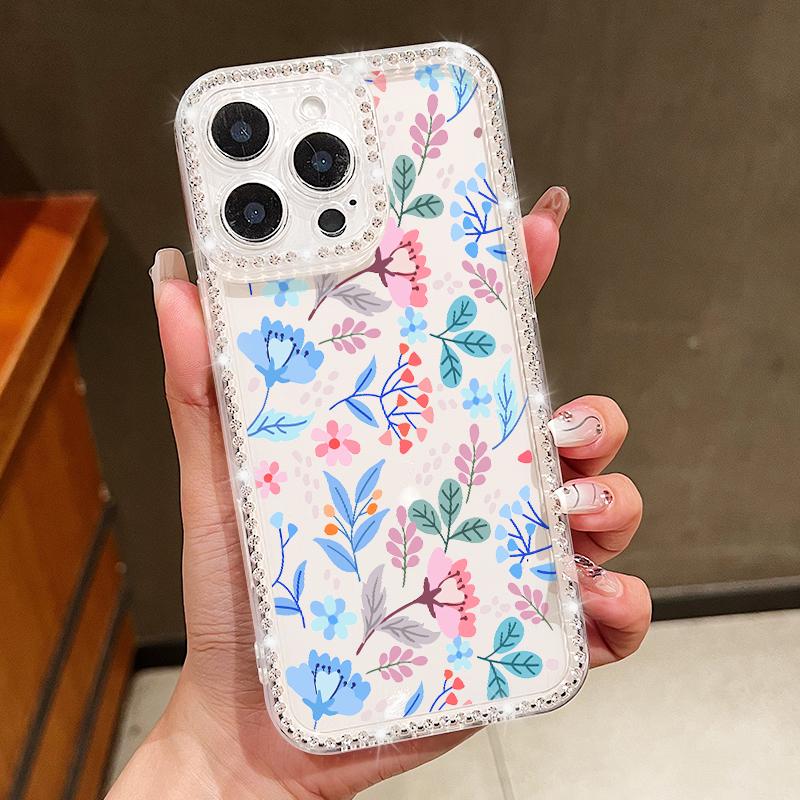 Crystal Diamond Clear Case For iPhone 16 14 15 Pro Plus 13 12 Pro Max 11 16e Flowers Floral Patterned Soft TPU Phone Cover Coque