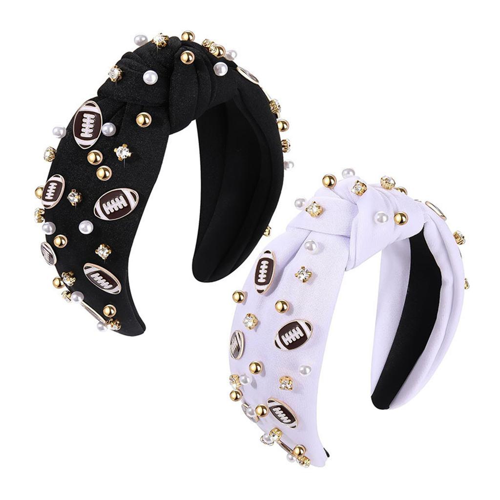Women Fun Sports Football Embellished Headband Pearl Rhinestones Jeweled Headband Wide Top Knotted Hairband Headpiece