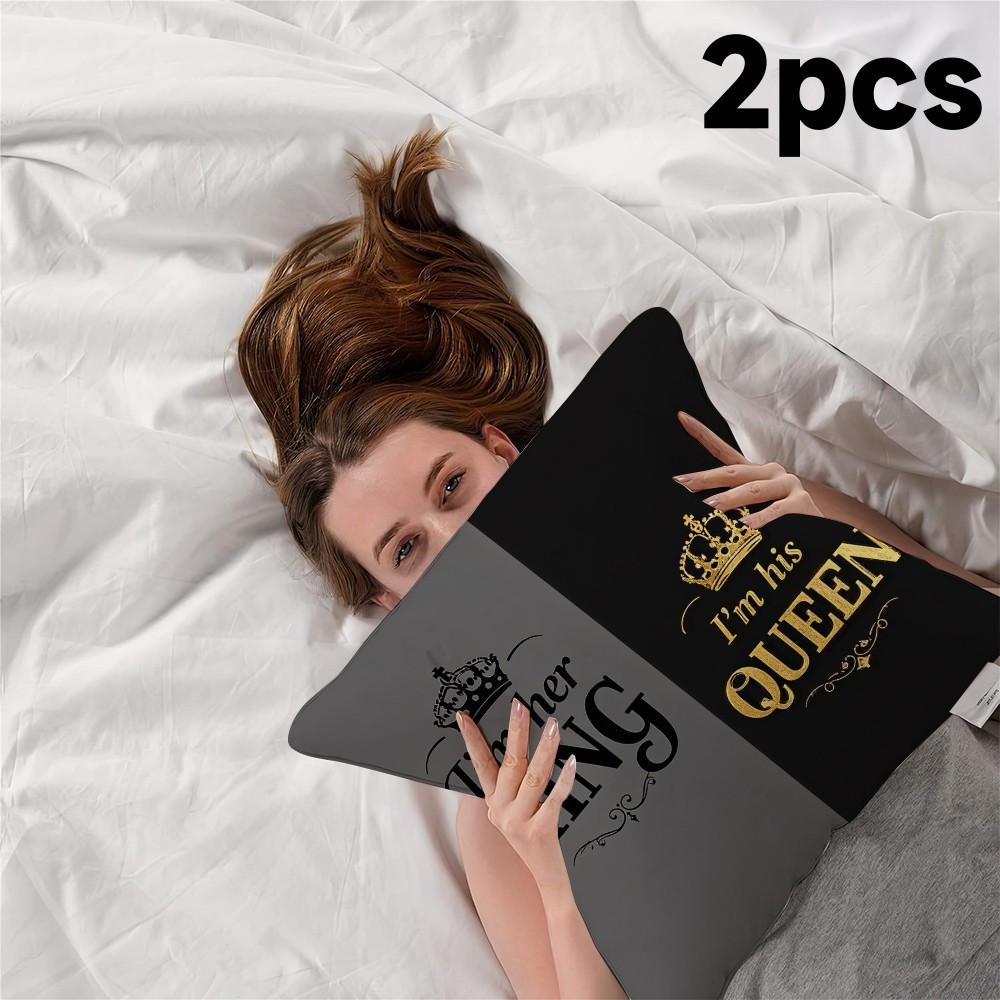 2Pcs Valentine'S Couple-Style Crown Text Polyester Pillowcase, 2D Printed, Festival-Ready, Decor For Sofa/Bed/Living Room