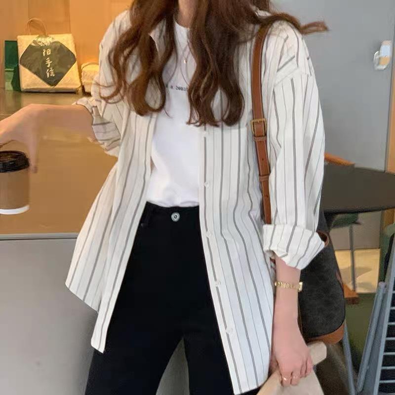 New Long Sleeve Women Office Stripes Shirt Loose Casual Ladies Blouse Lapel Pocket Elegant Fashion Simple Tops Spring Summer Thin Clothing