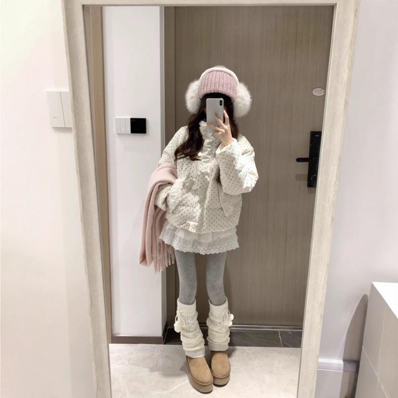Sweet polka dot fur collar corduroy cotton jacket loose thickened warm short bread clothing in autumn and winter