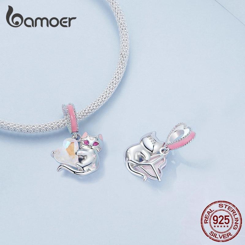 BAMOER 925 Sterling Silber Katze Hängende Perle Herz Anhänger Charms für Frauen Original Armband Halskette Edlen Schmuck