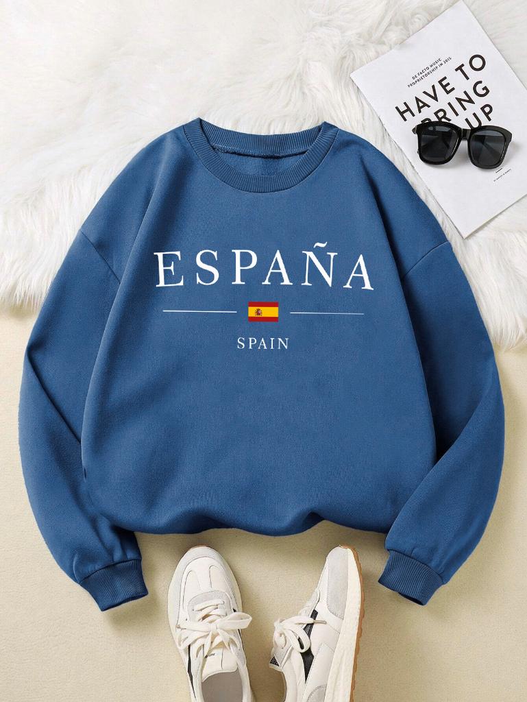 Spain Flag Design Womens Y2K Sweatshirts All-Match Loose Pullover Autumn Fleece Streetwear Casual O-Neck Clothing