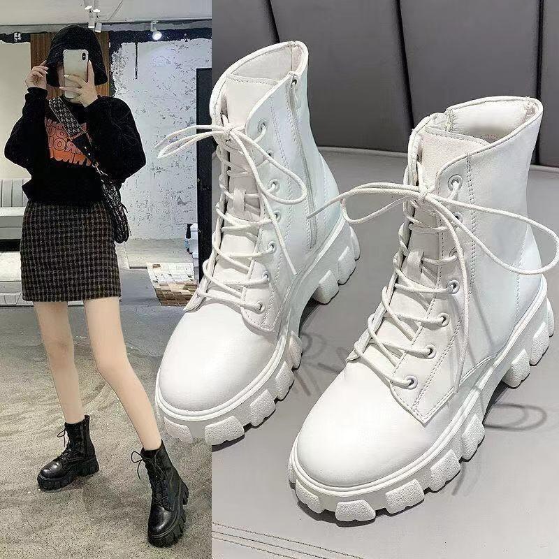 Real Soft Leather Martin Boots for Women British Style Korean Autumn and Winter Platform Boots for Women with Velvet Mid-calf Boots