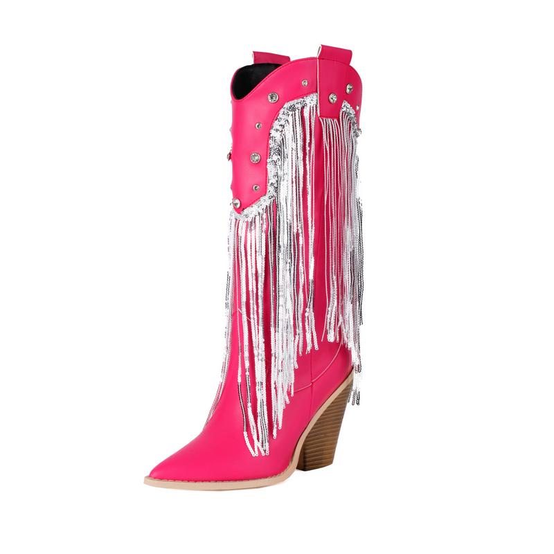 Fashion Ivory Rose Color Pointed Toe Western Cowboy Boots with Sequins Fringes Chunky High Heels Knee-high Glitter Mid-calf Boot Shoes