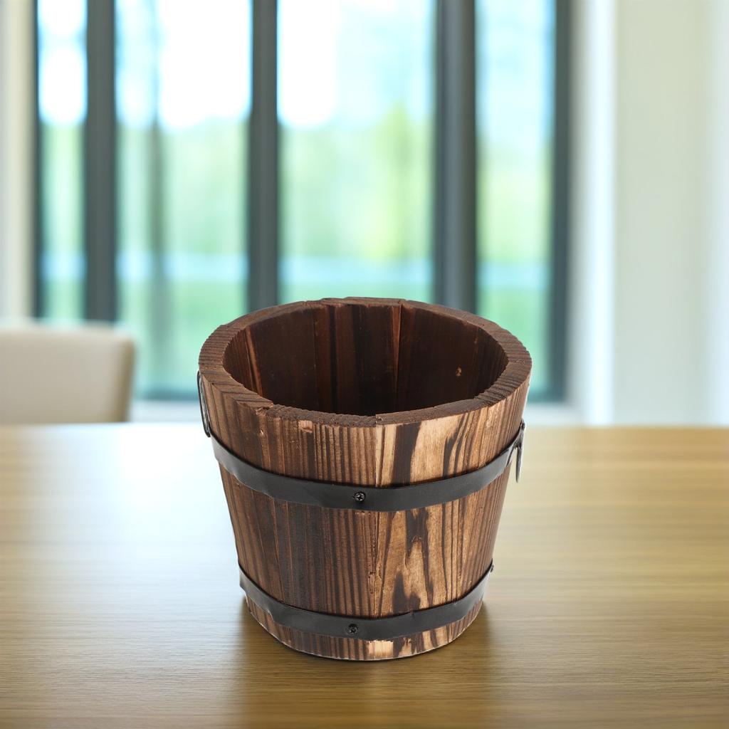 Runder Holzfass-Pflanztopf Braun Flachmund -Freundlicher Blumentopf Haus Büro Garten Dekoration 12x9x10cm Rustikales Holz