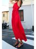 European and American Women's Satin Mid-length Dress with Ruched Waist and Cowl Neck.