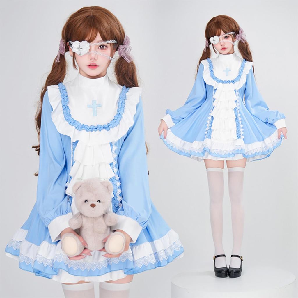 Milky Time Halloween Cosplay Costume for Women, Sister Maid with Eyepatch, Black and Light Blue