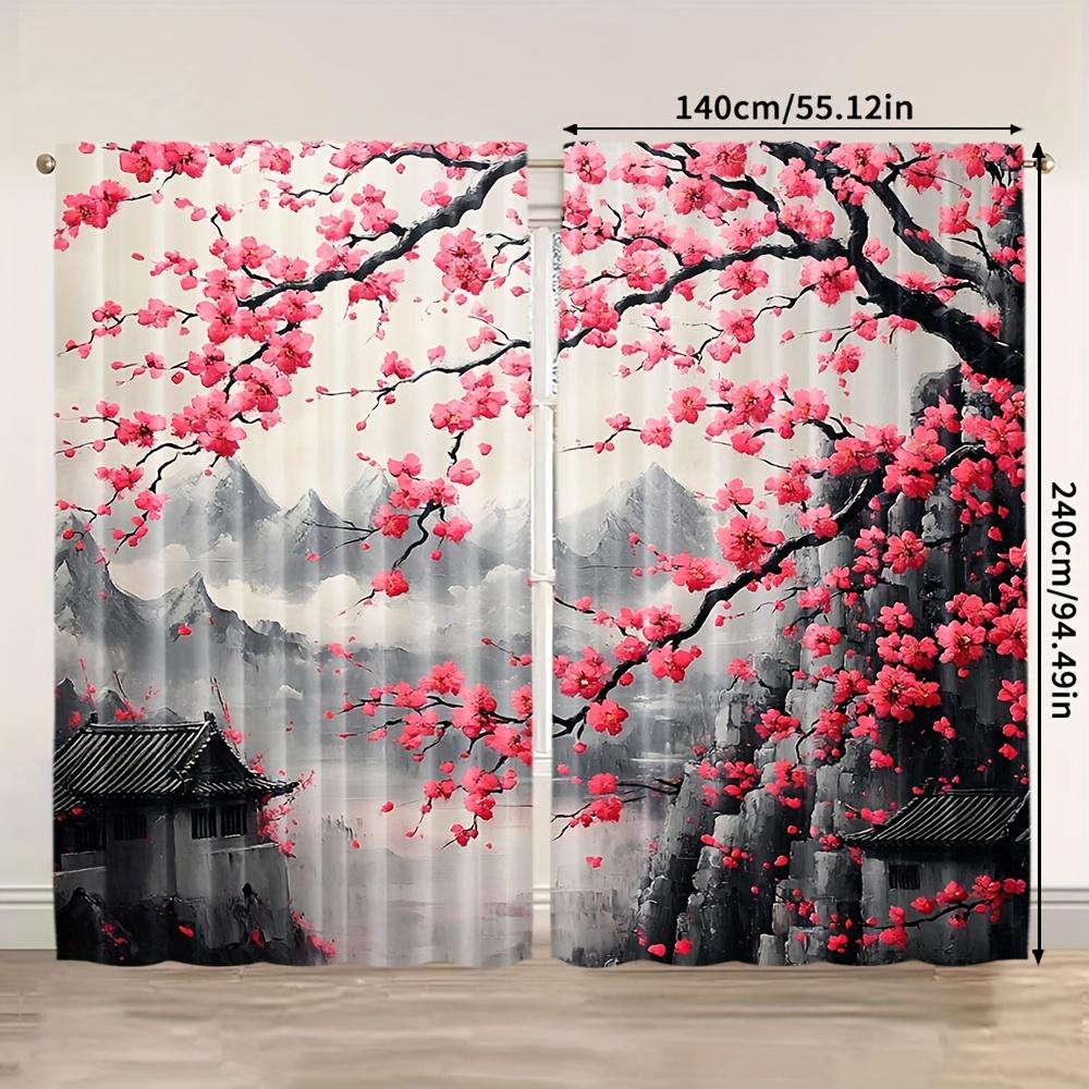 2 Panels Cherry Blossom Curtains Oriental Ink Painting Mountain Landscape Printed Polyester Living Room Bedroom Window Drapes