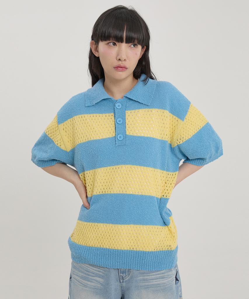 WAIKEI Sky Blue Striped Collared Short Sleeve Knit