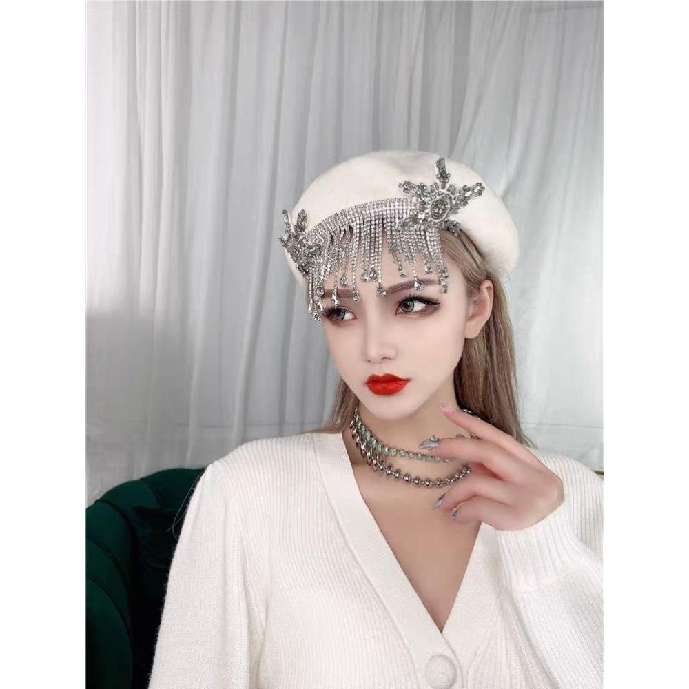 Dámské klobouky Originální Podzimní a Zimní Módní Retro Nádherný Lesklý Křišťál Dlouhý Střapec Haute Couture Vlna Malířský Baret