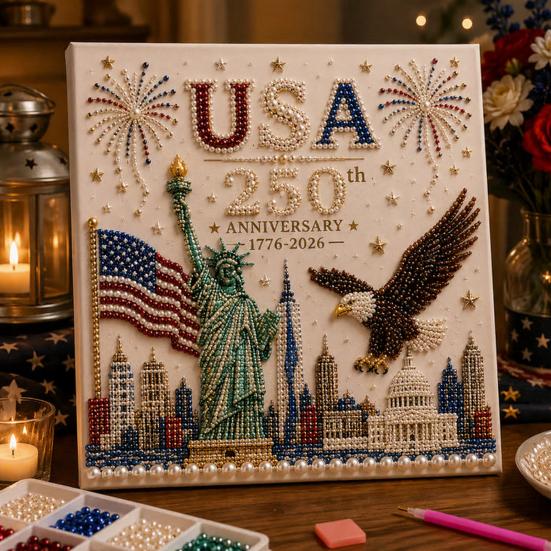 250th Anniversary Pearl Painting Kit, USA Anniversary DIY Pearl Art Set, Patriotic Bead Painting Craft Kit for Beginners Adults