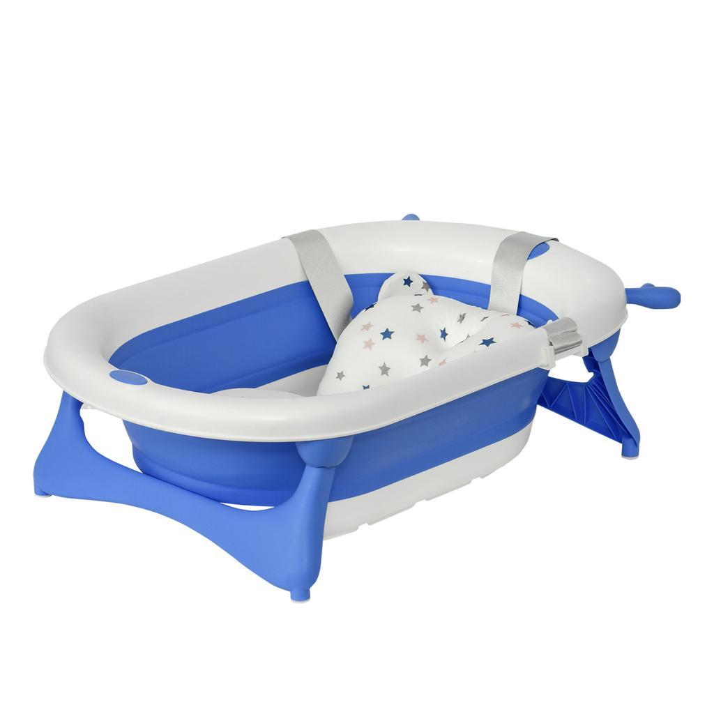 Foldable Baby Bathtub, Newborn to 3 Years, Heat-Sensitive Plug, Blue Cushion, 81.5x50.5x23.5 cm