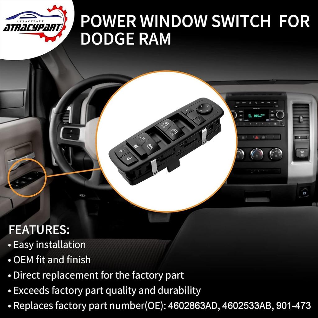 Window Switch Driver Side Master Power Control Button 3P + 9 P | Compatible With 2009 2010 2011 2012 Dodge Ram 1500 2500 3500 | Replaces# 4602863AD,