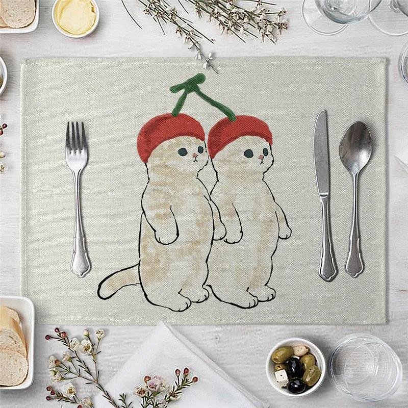 Mantel Individual Para Mesa de Comedor Lindo Gato Dibujo Animado Animal Estera Posavasos Creativo Estampado Resistente al Calor Accesorios de Cocina Comedor Almohadilla Caliente