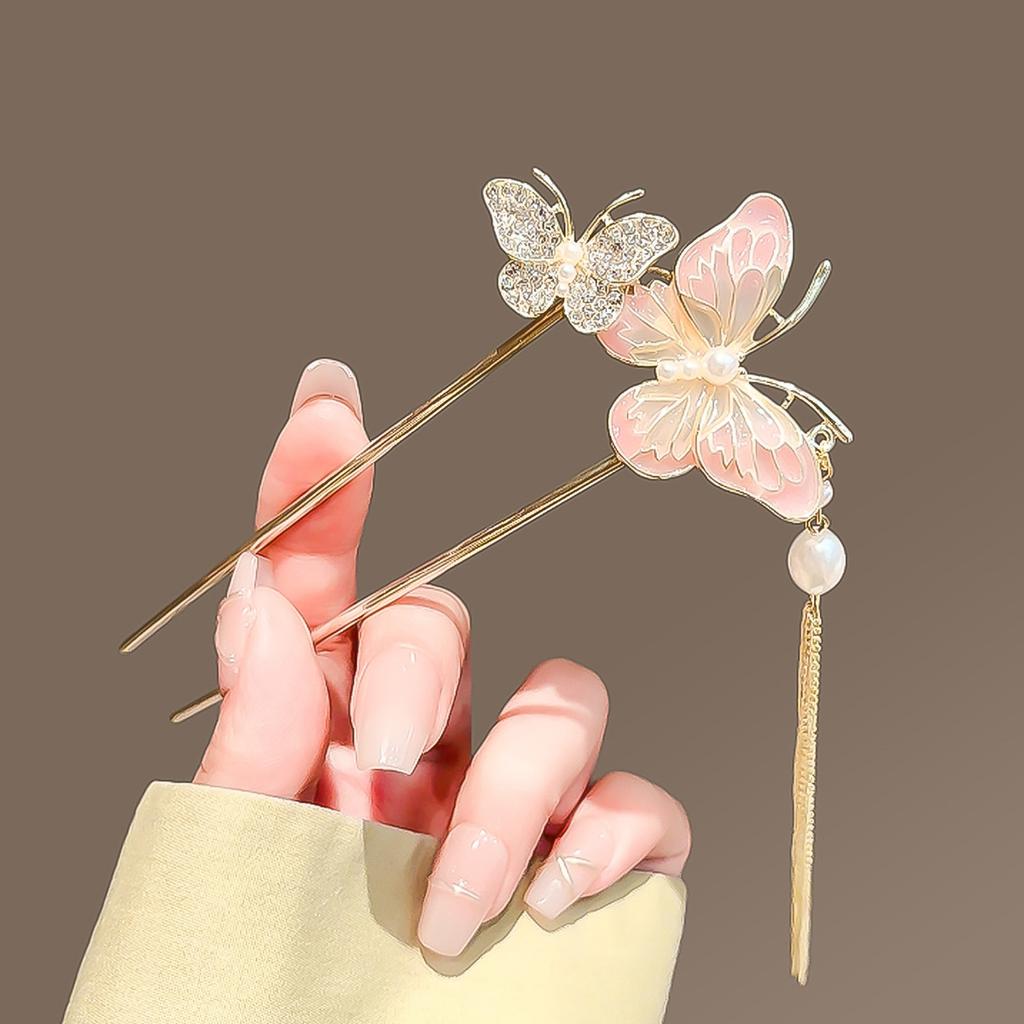Weiß/Lila Emaille Blumen Haarnadeln Antiker Chinesischer Stil U-förmige Haarstäbe Elegant Damen Perlen Anhänger Haarschmuck
