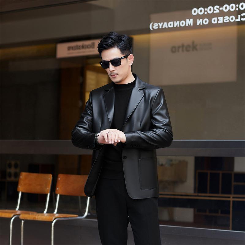 Leather leather jacket men's sheepskin slim handsome suit locomotive light luxury autumn and winter men's suit