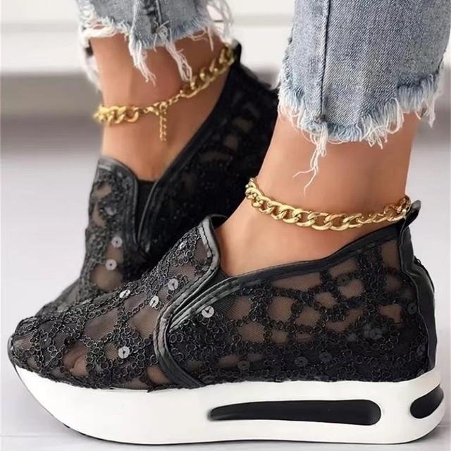 Women's Sneakers Floral Embroidery Mesh Sneakers for Women Slip On Casual Comfy Heeled Shoes Woman