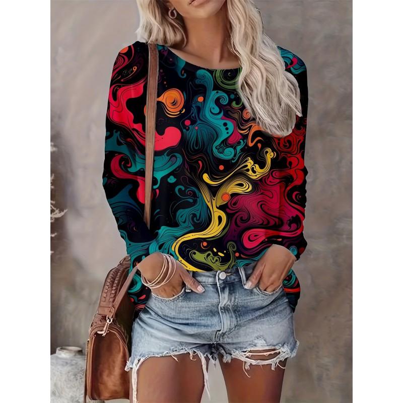 Abstract Tie-Dye 3D Digital Print Loose Fit Womens Crew Neck Long Sleeve T-Shirt Casual Comfort Top