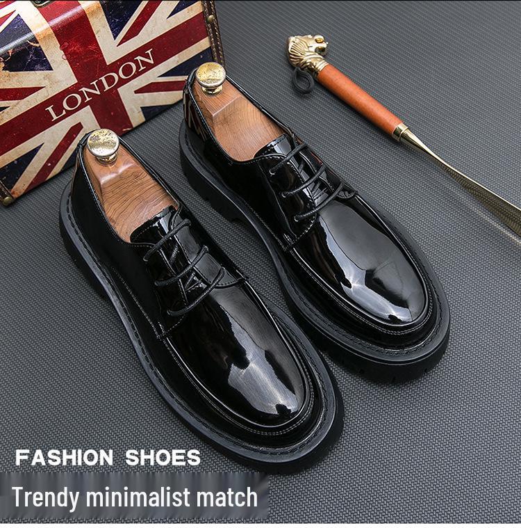 2025 Men's Chunky Glossy Leather Lace-up Casual Shoes with Thick Sole & Square Heel