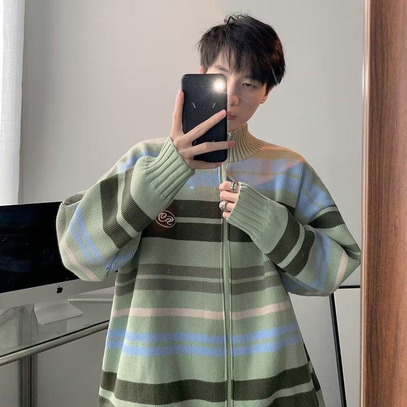 Striped stand-up neck cardigan sweater men's and women's trendy brand couple's knitted sweater loose autumn and winter lazy coat