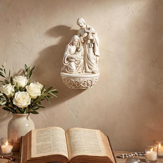 Holy Water Font, Resin Saint Joseph Mary with Jesus Christ Figurine, Catholic Holy Water Container, Religious Gifts for Office, Entrance