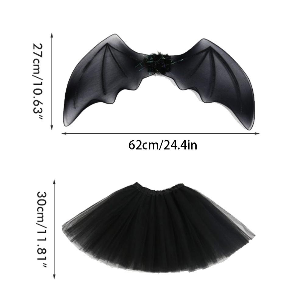 4 Stück Mädchen Halloween Cosplay Kostüm Verkleidungskleid Schwarzer Netzrock mit Stirnband Fledermausflügelstab