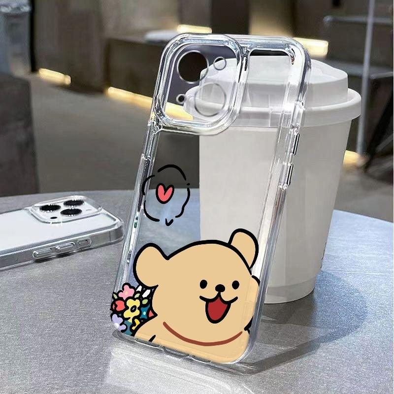 Cute Peeking Bear Phone Case For iPhone 17 Air 16E 16 15 14 11 Pro Max Plus 13 12 Mini 8 7 X Transparent Shockproof Cover