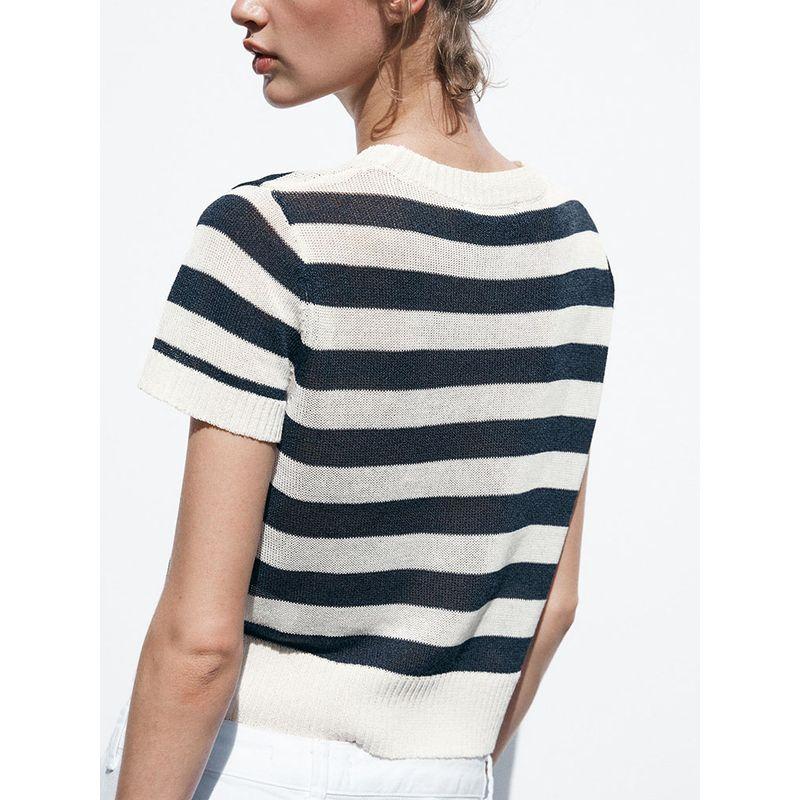 Za2025 Summer New Women Clothes Stripe Round Neck Short Sleeve Top 2142079 104 2142079 105