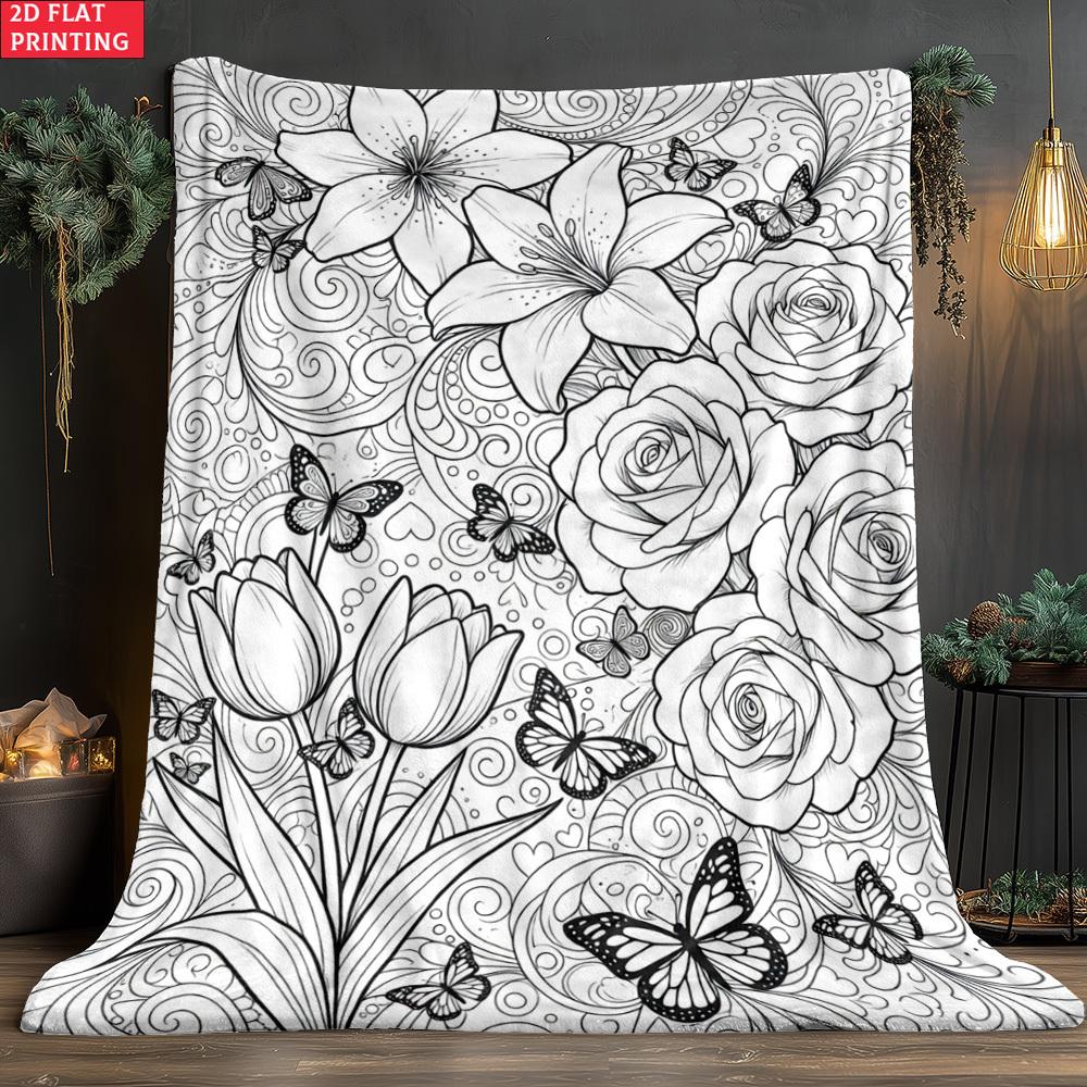 Blackout Floral Butterfly Sketch Pattern Throw Blanket for Couch Home Decor Gift