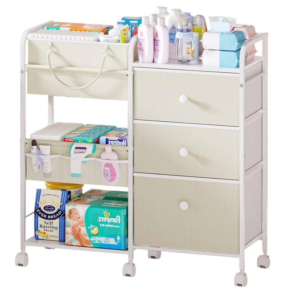 Storage Cart with 3 82 x 29 x 85 Includes Basket with for Baby Rooms and Beige Casters, Drawers, cm, Handle, Bedrooms, (Beige)