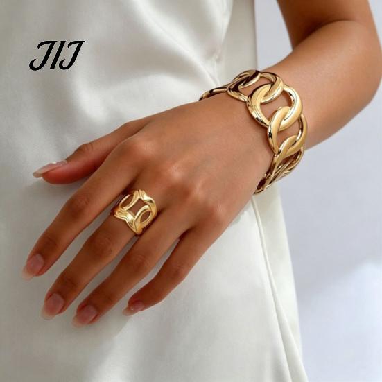 Minimalist Golden Plated Jewelry 2Pcs Hollow Twisted Statement Set, Open Adjustable Cuff Bangle Iron Wrist & Wide Ring, Metal for Women Non Tarnish